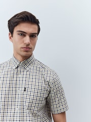 Navy/ Neutral Gingham Check Easy Iron Button Down Short Sleeve Oxford Shirt - Image 4 of 7