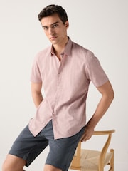 Light Pink Tonal Stripe Regular Fit 100% Cotton Short Sleeve Textured Shirt - Image 1 of 6