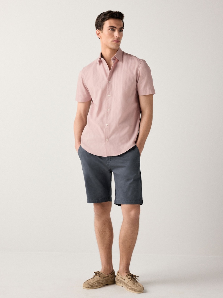 Light Pink Tonal Stripe Regular Fit 100% Cotton Short Sleeve Textured Shirt - Image 2 of 6