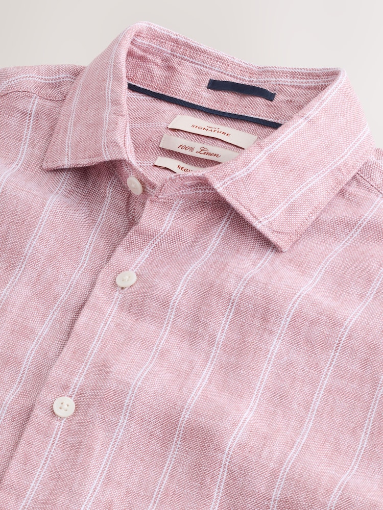 Кораллово-розовый - Stripe 100% Linen Basket Weave Long Sleeve Smart Shirt with Cutaway Collar - Изображение 2 из 3