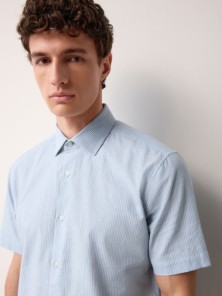 Light Blue Stripe Regular Fit Cotton Blend Short Sleeve Cutaway Collar Shirt - Image 1 of 8