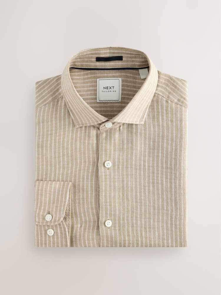Бежево-коричневый - Stripe 100% Linen Basket Weave Long Sleeve Smart Shirt with Cutaway Collar - Изображение 1 из 3