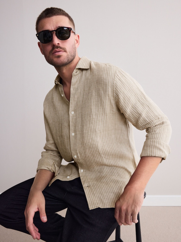 Neutral Brown Regular Fit Signature 100% Linen Smart Shirt - Image 1 of 8 Neutral Brown Regular Fit Signature 100% Linen Smart Shirt - Image 1 of 8