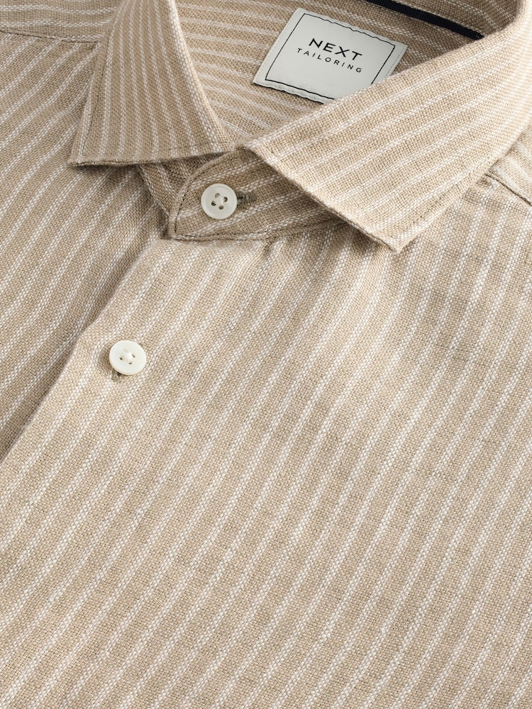 Бежево-коричневый - Stripe 100% Linen Basket Weave Long Sleeve Smart Shirt with Cutaway Collar - Изображение 2 из 3