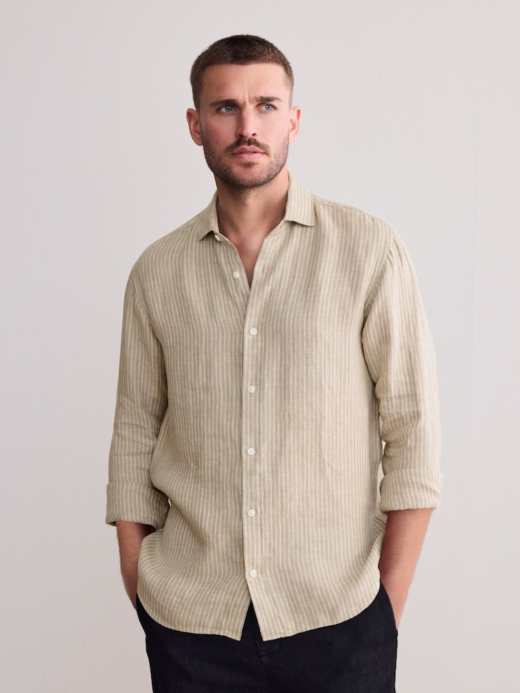 Neutral Brown Regular Fit Regular Fit Signature 100% Linen Smart Shirt - Image 4 of 8
