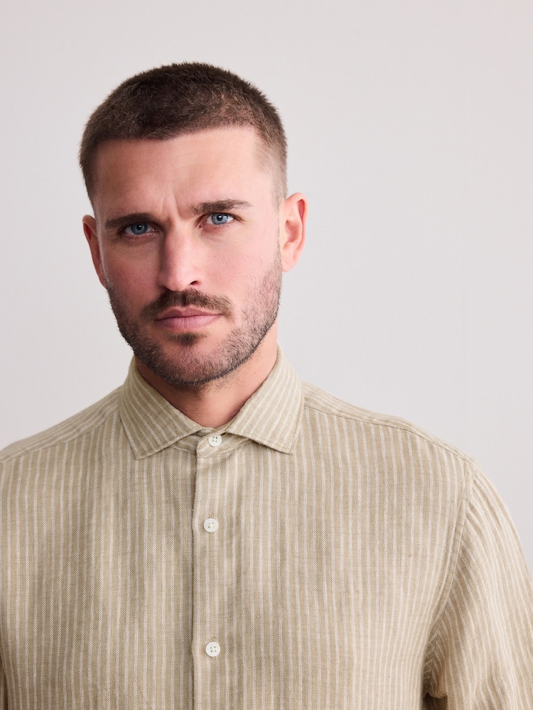 Neutral Brown Regular Fit Regular Fit Signature 100% Linen Smart Shirt - Image 5 of 8
