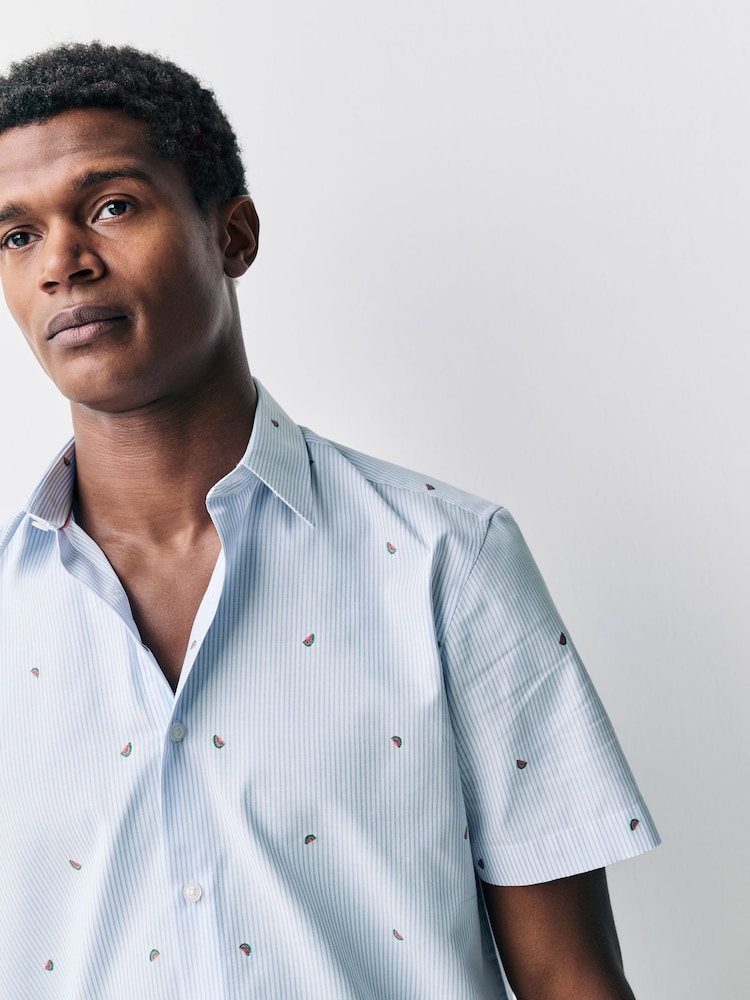 Blue Bengal Melon Conversational Fruit Print Stripe Easy Iron Oxford Shirt - Image 1 of 7