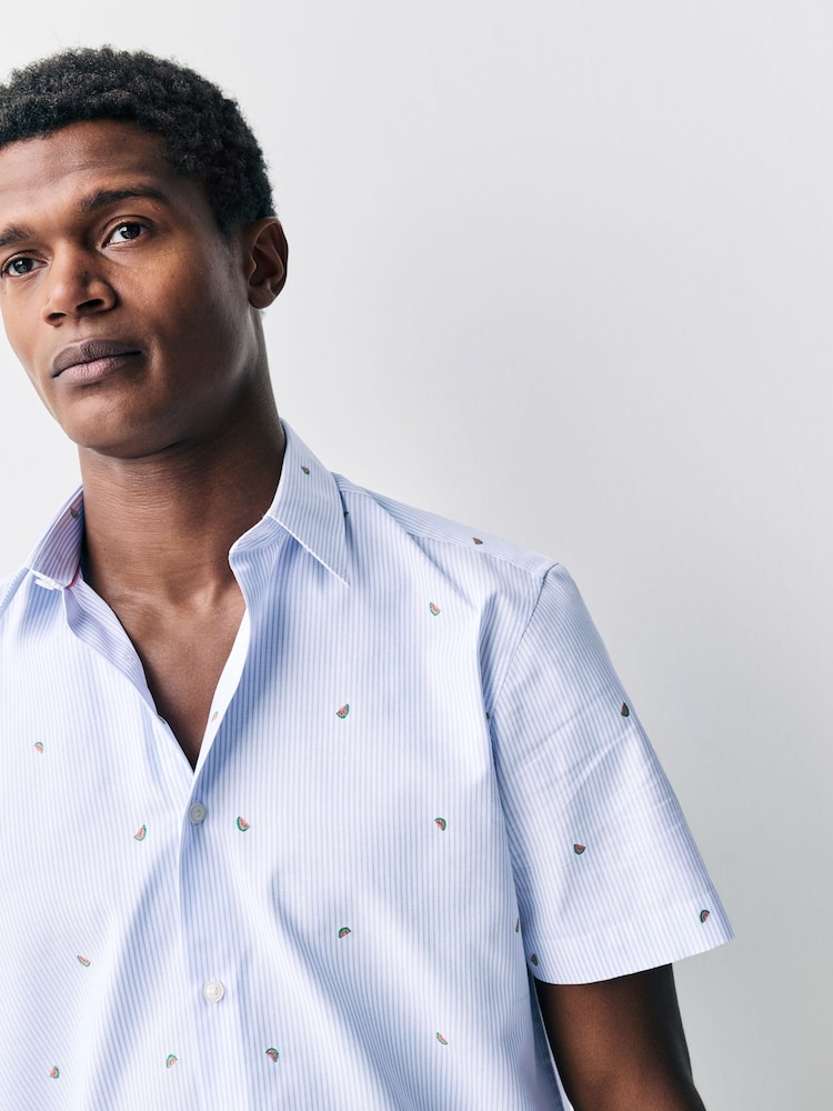 Blue Bengal Melon Conversational Fruit Print Stripe Easy Iron Oxford Shirt - Image 1 of 8 Blue Bengal Melon Conversational Fruit Print Stripe Easy Iron Oxford Shirt - Image 1 of 8
