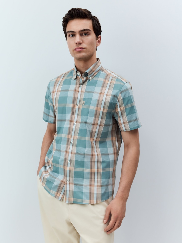 Petrol Blue/Neutral Madras Check Regular Fit Short Sleeve Easy Iron Button Down Oxford Shirt - Image 2 of 7
