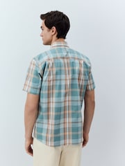 Petrol Blue/Neutral Madras Check Regular Fit Short Sleeve Easy Iron Button Down Oxford Shirt - Image 3 of 7