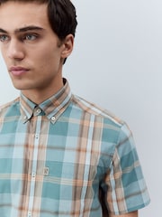 Petrol Blue/Neutral Madras Check Regular Fit Short Sleeve Easy Iron Button Down Oxford Shirt - Image 4 of 7