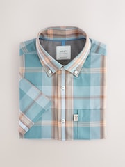 Petrol Blue/Neutral Madras Check Regular Fit Short Sleeve Easy Iron Button Down Oxford Shirt - Image 5 of 7