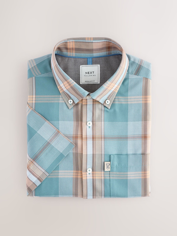 Pétrole Bleu/Neutre Madras Carreaux - Chemise Oxford coupe classique repassage facile à manches courtes - Image 5 of 7