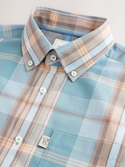 Petrol Blue/Neutral Madras Check Regular Fit Short Sleeve Easy Iron Button Down Oxford Shirt - Image 6 of 7