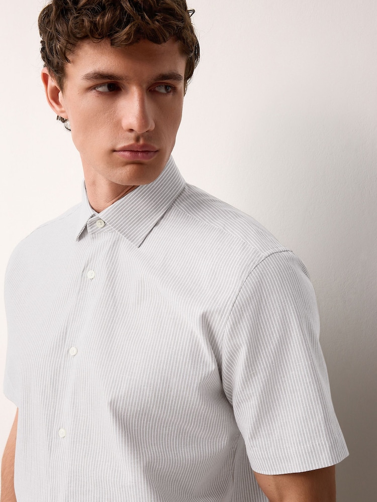 Neutral Brown Stripe Regular Fit Cotton/Linen Blend Short Sleeve Cutaway Collar Shirt - Image 1 of 9 Neutral Brown Stripe Regular Fit Cotton/Linen Blend Short Sleeve Cutaway Collar Shirt - Image 1 of 9