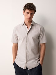 Neutral Brown Stripe Regular Fit Cotton Blend Short Sleeve Cutaway Collar Shirt - Image 2 of 6