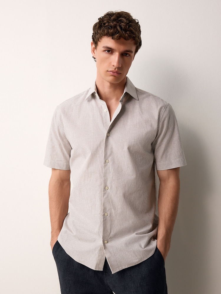 Neutral Brown Stripe Regular Fit Cotton Blend Short Sleeve Cutaway Collar Shirt - Image 2 of 6
