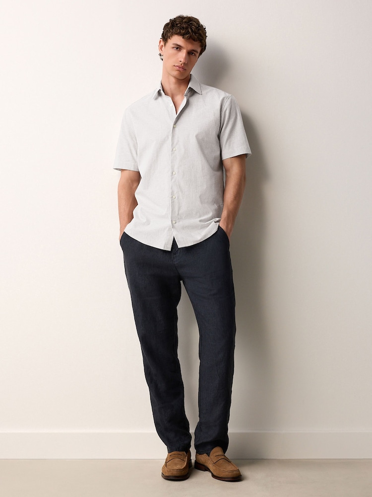 Neutral Brown Stripe Regular Fit Cotton/Linen Blend Short Sleeve Cutaway Collar Shirt - Image 2 of 9 Neutral Brown Stripe Regular Fit Cotton/Linen Blend Short Sleeve Cutaway Collar Shirt - Image 2 of 9
