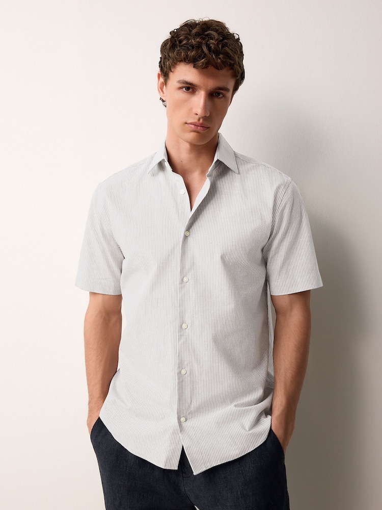 Neutral Brown Stripe Regular Fit Cotton/Linen Blend Short Sleeve Cutaway Collar Shirt - Image 3 of 9