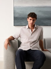Neutral Brown Stripe Regular Fit Cotton Blend Short Sleeve Cutaway Collar Shirt - Image 4 of 6