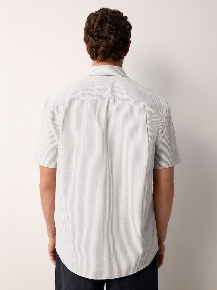 Neutral Brown Stripe Regular Fit Cotton/Linen Blend Short Sleeve Cutaway Collar Shirt - Image 4 of 9