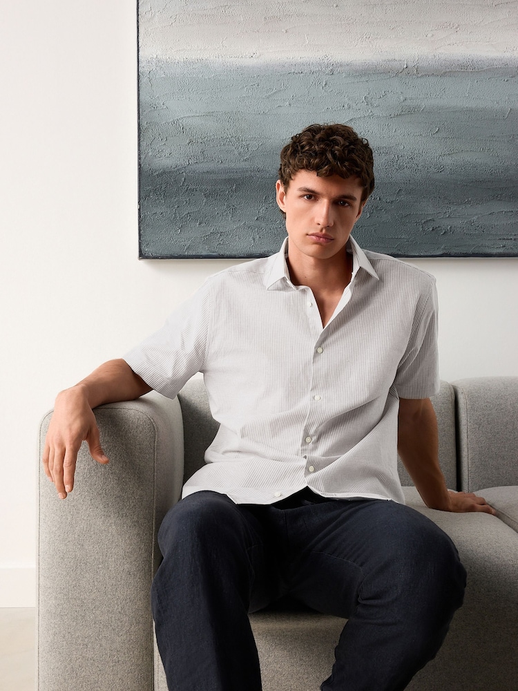 Neutral Brown Stripe Regular Fit Cotton/Linen Blend Short Sleeve Cutaway Collar Shirt - Image 5 of 9