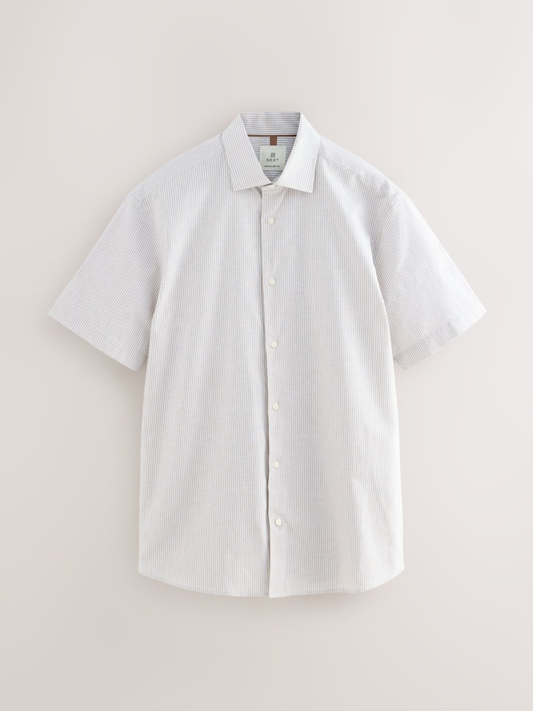 Neutral Brown Stripe Regular Fit Cotton/Linen Blend Short Sleeve Cutaway Collar Shirt - Image 7 of 9