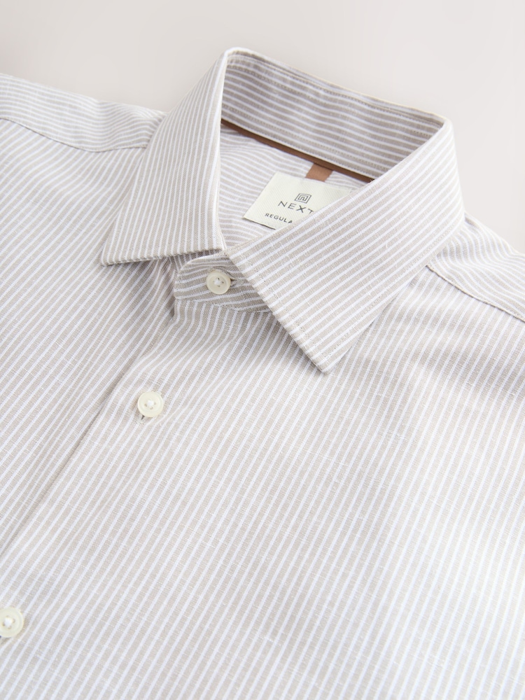 Nevtralne in rjave črte - Cotton Blend Short Sleeve Cutaway Collar Shirt - Slika 9 iz 9
