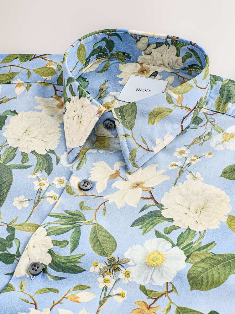 Azul cielo - Kew Collection 100% Cotton Floral Short Sleeve Shirt - Imagen 2 de 3