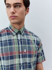 Green/Navy Madras Check Regular Fit Short Sleeve Easy Iron Button Down Oxford Shirt - Image 1 of 8