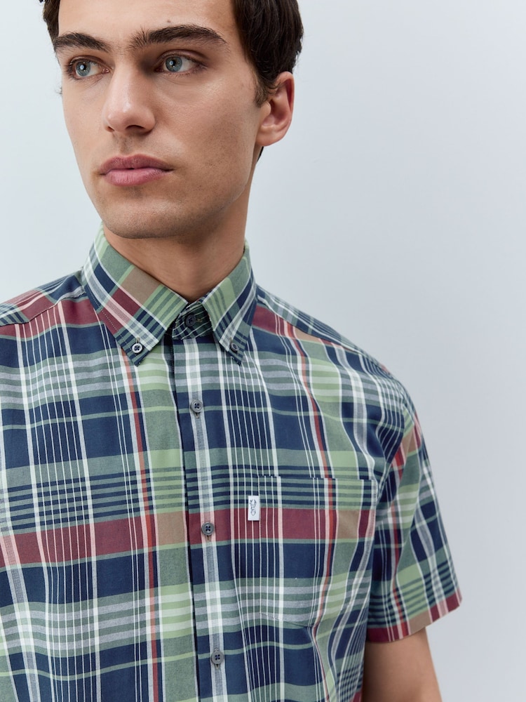 Green/Navy Madras Check Regular Fit Short Sleeve Easy Iron Button Down Oxford Shirt - Image 1 of 8