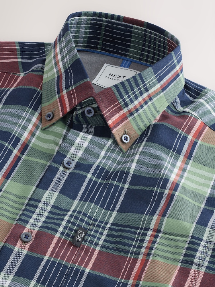 Green/Navy Madras Check Regular Fit Short Sleeve Easy Iron Button Down Oxford Shirt - Image 2 of 8