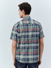 Green/Navy Madras Check Regular Fit Short Sleeve Easy Iron Button Down Oxford Shirt - Image 4 of 8