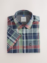 Green/Navy Madras Check Regular Fit Short Sleeve Easy Iron Button Down Oxford Shirt - Image 6 of 8