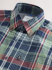 Green/Navy Madras Check Regular Fit Short Sleeve Easy Iron Button Down Oxford Shirt - Image 7 of 8