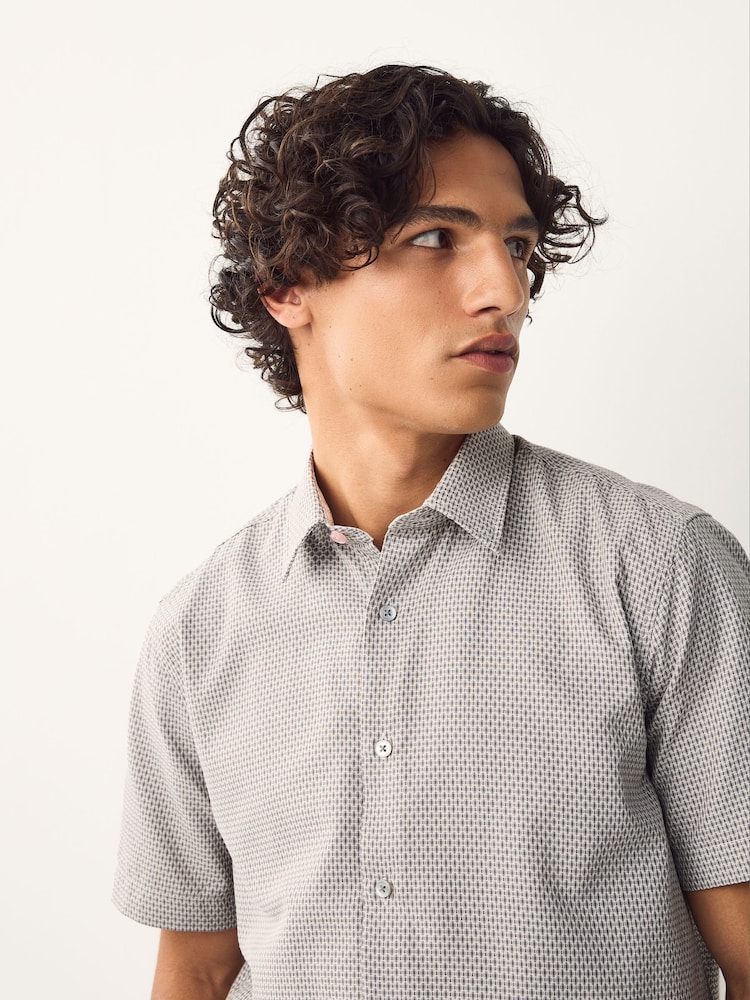Neutral Regular Fit Regular Fit Cotton Rich Trimmed Textured Short Sleeve Smart Shirt - Image 4 of 8