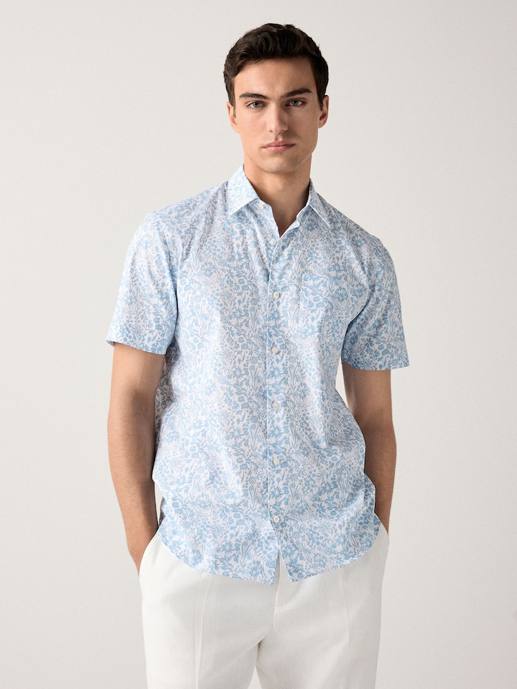 Light Blue Ditsy Floral Easy Iron With Button Down Collar Short Sleeve Oxford Shirt - Image 1 of 6