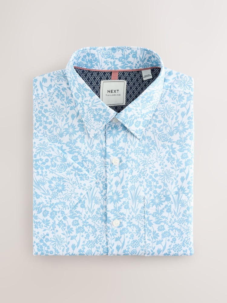 Light Blue Ditsy Floral Easy Iron With Button Down Collar Short Sleeve Oxford Shirt - Image 4 of 6