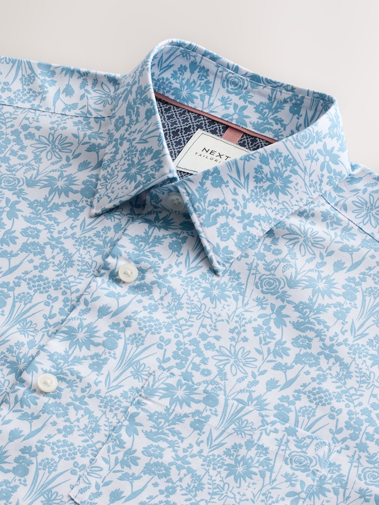 Light Blue Ditsy Floral Easy Iron With Button Down Collar Short Sleeve Oxford Shirt - Image 5 of 6