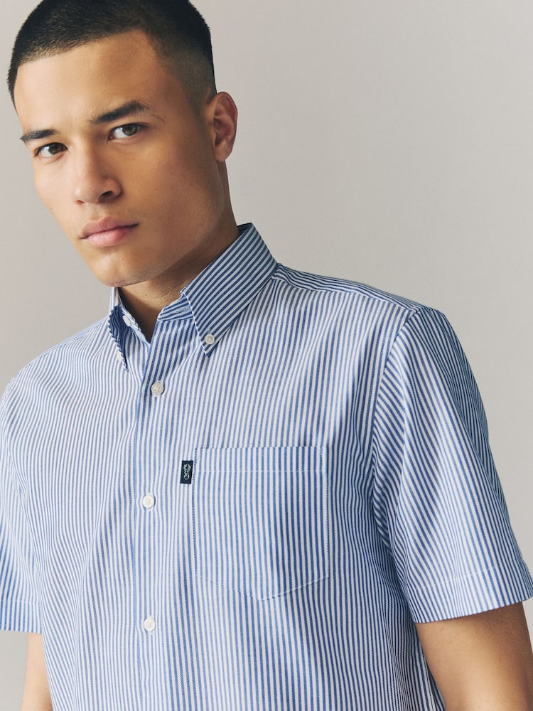 Blue Bengal Short Sleeve With Button Down Collar Stripe Easy Iron Oxford Shirt - Image 1 of 8