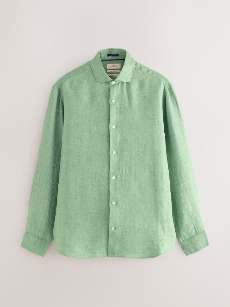 Green Regular Fit 100% Linen Long Sleeve Shirt - Image 1 of 3