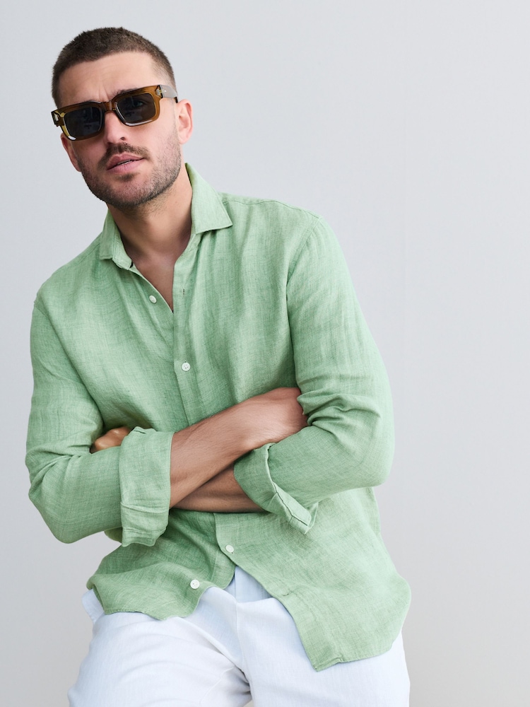 Green Regular Fit Signature 100% Delave Linen Long Sleeve Shirt - Image 1 of 8 Green Regular Fit Signature 100% Delave Linen Long Sleeve Shirt - Image 1 of 8