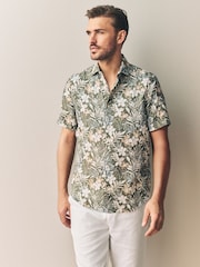 Green Hawaiian Floral - Print 100% Linen Short Sleeve Shirt - Imagen 1 de 5