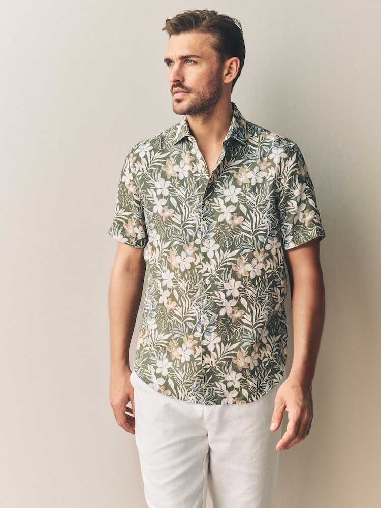 Green Hawaiian Floral - Print 100% Linen Short Sleeve Shirt - Imagen 1 de 5