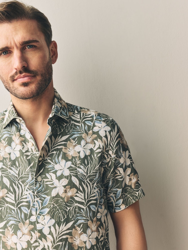 Green Hawaiian Floral - Print 100% Linen Short Sleeve Shirt - Imagen 2 de 5