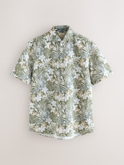 Green Hawaiian Floral Print 100% Linen Short Sleeve Shirt - Image 8 of 8