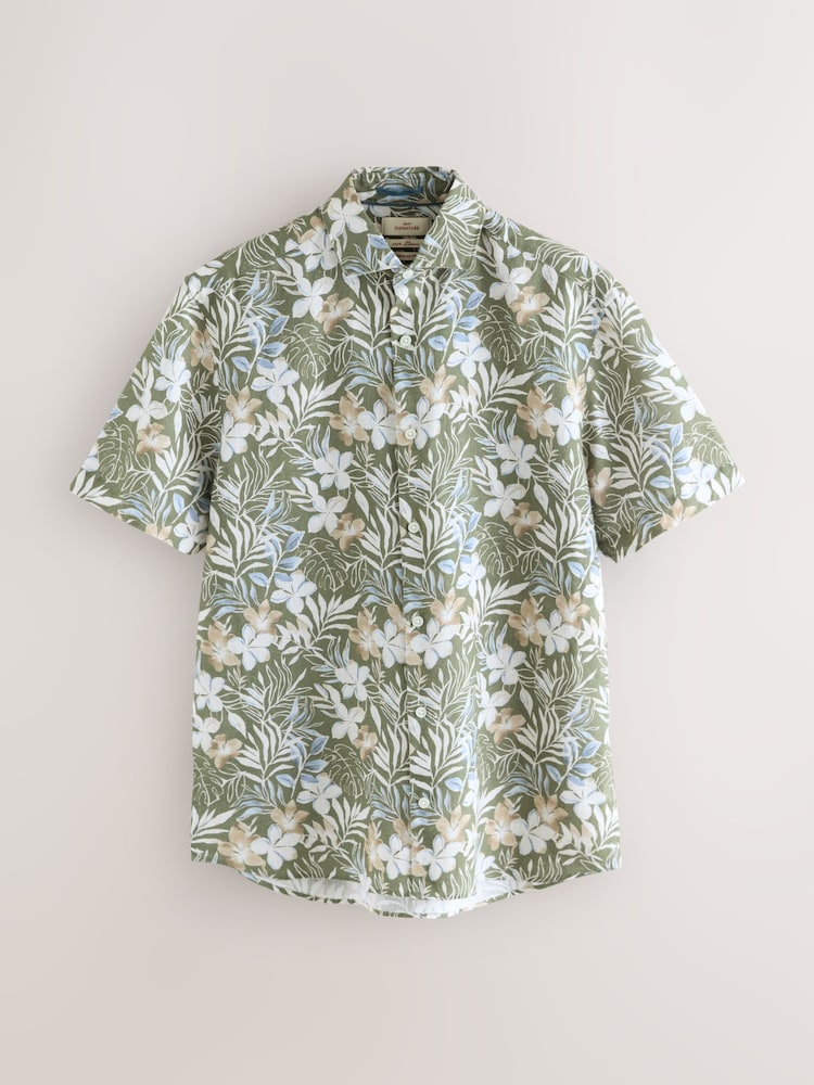 Green Hawaiian Floral Print 100% Linen Short Sleeve Shirt - Image 8 of 8