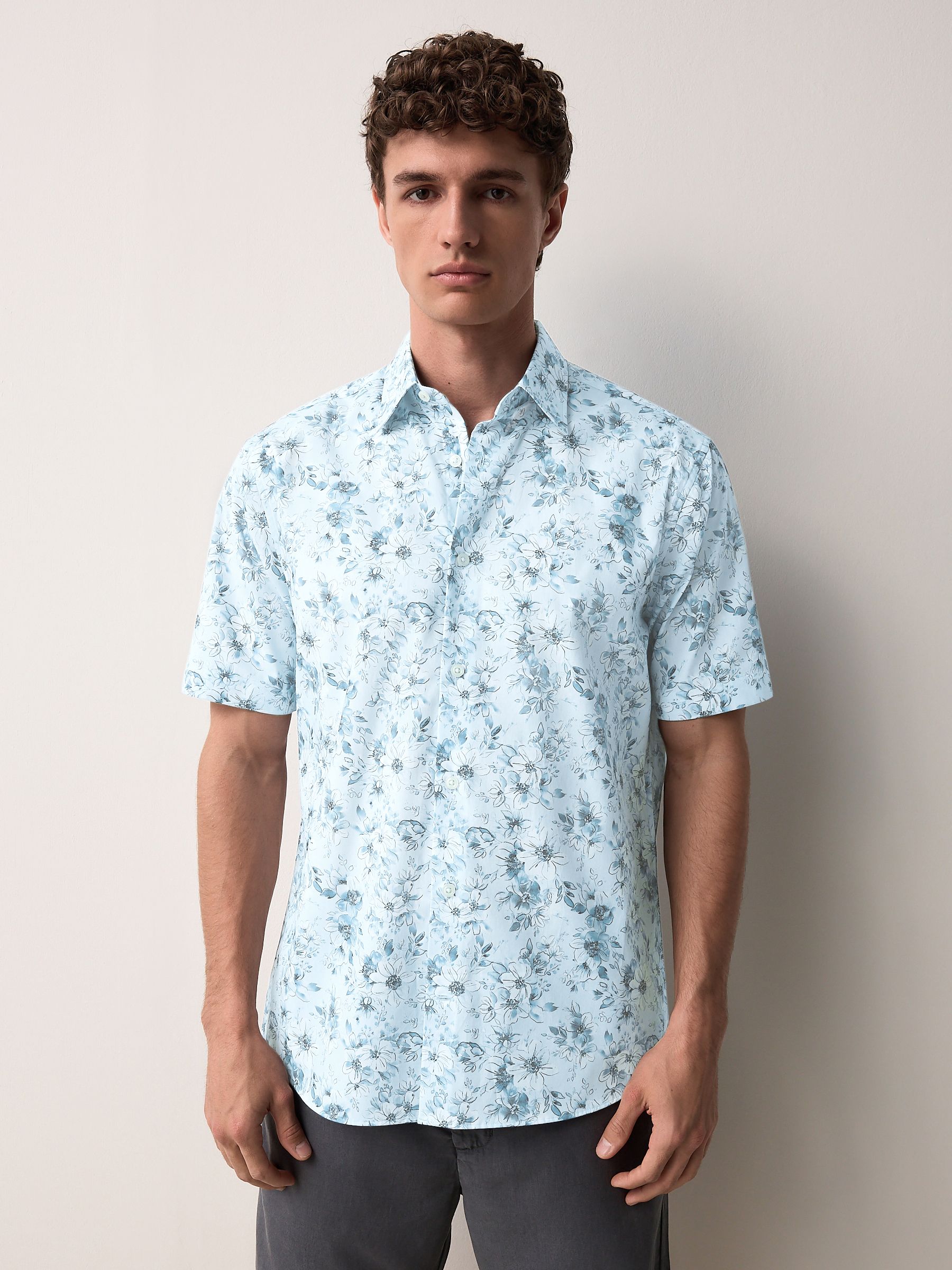 Blue Watercolour Floral Regular Fit Print Short Sleeve Shirt
