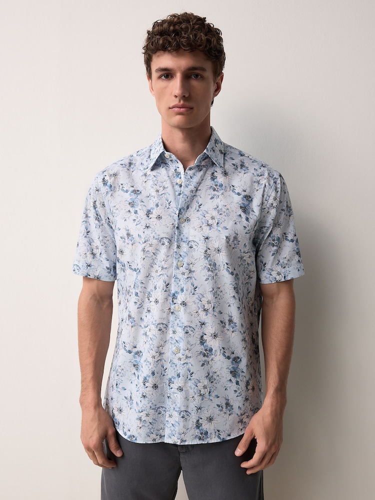 Blue Watercolour Floral Regular Fit Print Short Sleeve Shirt - Image 1 of 8