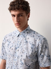 Blue Watercolour Floral Regular Fit Print Short Sleeve Shirt - Image 4 of 8